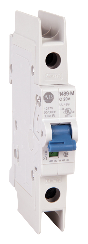 White single-pole miniature circuit breaker with a blue toggle lever and labeled ratings on the side.