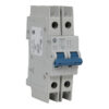 Two-pole miniature circuit breaker (MCB) with blue toggle levers on a white/gray housing.