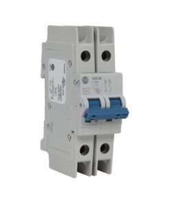 Two-pole miniature circuit breaker (MCB) with blue toggle levers on a white/gray housing.