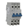 Four-pole miniature circuit breaker module with a blue toggle handle, gray housing, used for protecting multiple electrical circuits on a DIN rail.