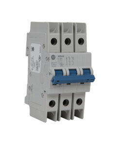 Four-pole miniature circuit breaker module with a blue toggle handle, gray housing, used for protecting multiple electrical circuits on a DIN rail.