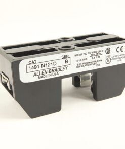 Allen-Bradley cartridge fuse holder (1491 N121D) CAT B, black rectangular block with label, used to hold a fuse in electrical panels