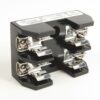 Two-pole electrical circuit breaker module with metal terminals on each side and a black plastic body.