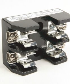 Two-pole electrical circuit breaker module with metal terminals on each side and a black plastic body.