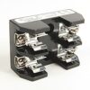 Six-terminal electrical connector block with metal screw clamps on a black plastic housing, used for wiring connections.
