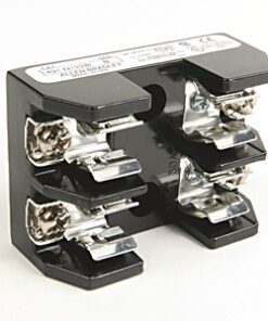 Six-terminal electrical connector block with metal screw clamps on a black plastic housing, used for wiring connections.
