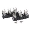 Six black molded-case circuit breakers with silver toggle levers, arranged in a row on a white background.