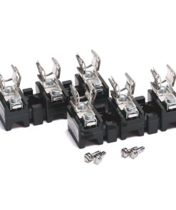 Six black molded-case circuit breakers with silver toggle levers, arranged in a row on a white background.