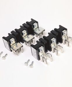 Eight black electrical relays with metal terminals arranged in two rows on a white background, plus screws nearby by the bottom edge
