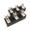 Eight black rectangular electrical relays with silver terminal brackets arranged in two rows on a white background, used to switch high-current circuits.