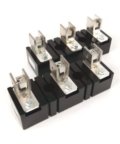 Eight black rectangular electrical relays with silver terminal brackets arranged in two rows on a white background, used to switch high-current circuits.