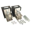 Pair of black electrical mounting blocks with silver metal contact plates and large bolts, plus screws, washers, and brackets on a white background.