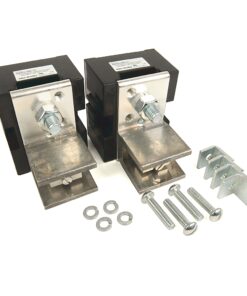 Pair of black electrical mounting blocks with silver metal contact plates and large bolts, plus screws, washers, and brackets on a white background.