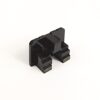 Black plastic two-pin electrical connector housing with side retention clips and visible terminals on the bottom.