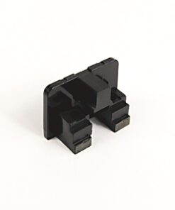 Black plastic two-pin electrical connector housing with side retention clips and visible terminals on the bottom.