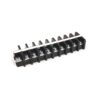 Row of black 12-position screw-terminal blocks with metal clamps on a white background.