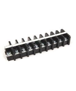 Row of black 12-position screw-terminal blocks with metal clamps on a white background.
