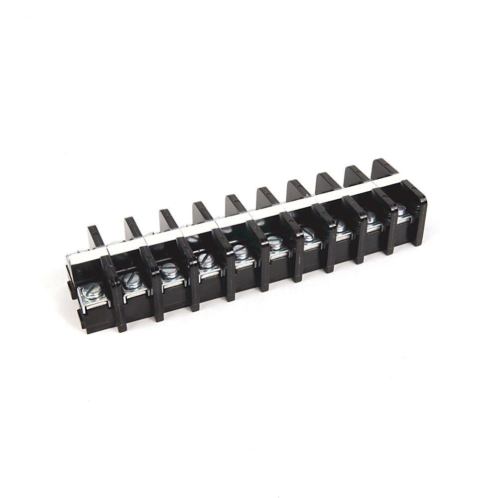 Row of black 12-position screw-terminal blocks with metal clamps on a white background.