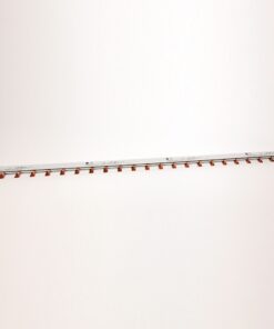 Long silver electrical rail with orange clamps along the bottom edge on a white background, viewed from the side.