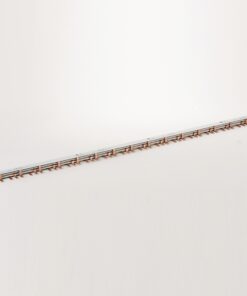 Long metal busbar with copper terminal pins arrayed along its length on a white background.