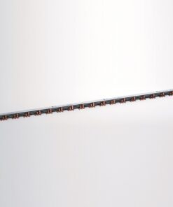 Long metal rail mounted diagonally on a white wall with evenly spaced orange clamps along its length.