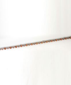 Long straight metal rail with orange clips along its length, placed on a white surface (industrial/mechanical component).