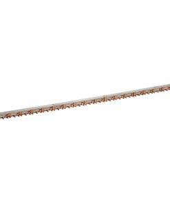 Long metal electrical busbar with copper conductors and orange clamps along its length, angled across the image.