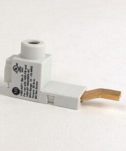 White plastic electrical connector with a flat copper strip extending to the right, used as a contact terminal
