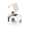 Metal mounting bracket with a screw and square central hole for securing a rod or bolt.