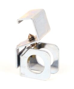 Metal mounting bracket with a screw and square central hole for securing a rod or bolt.