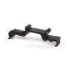 Black plastic mounting bracket with two clip-like ends and a central rail used to hold or secure an item.
