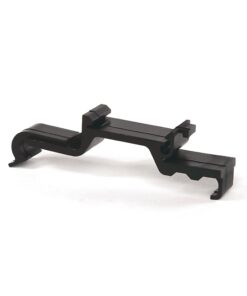 Black plastic mounting bracket with two clip-like ends and a central rail used to hold or secure an item.