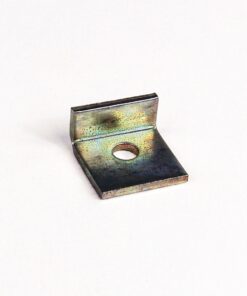Metal L-shaped mounting bracket with a central hole, showing rusted rainbow patina on white background.