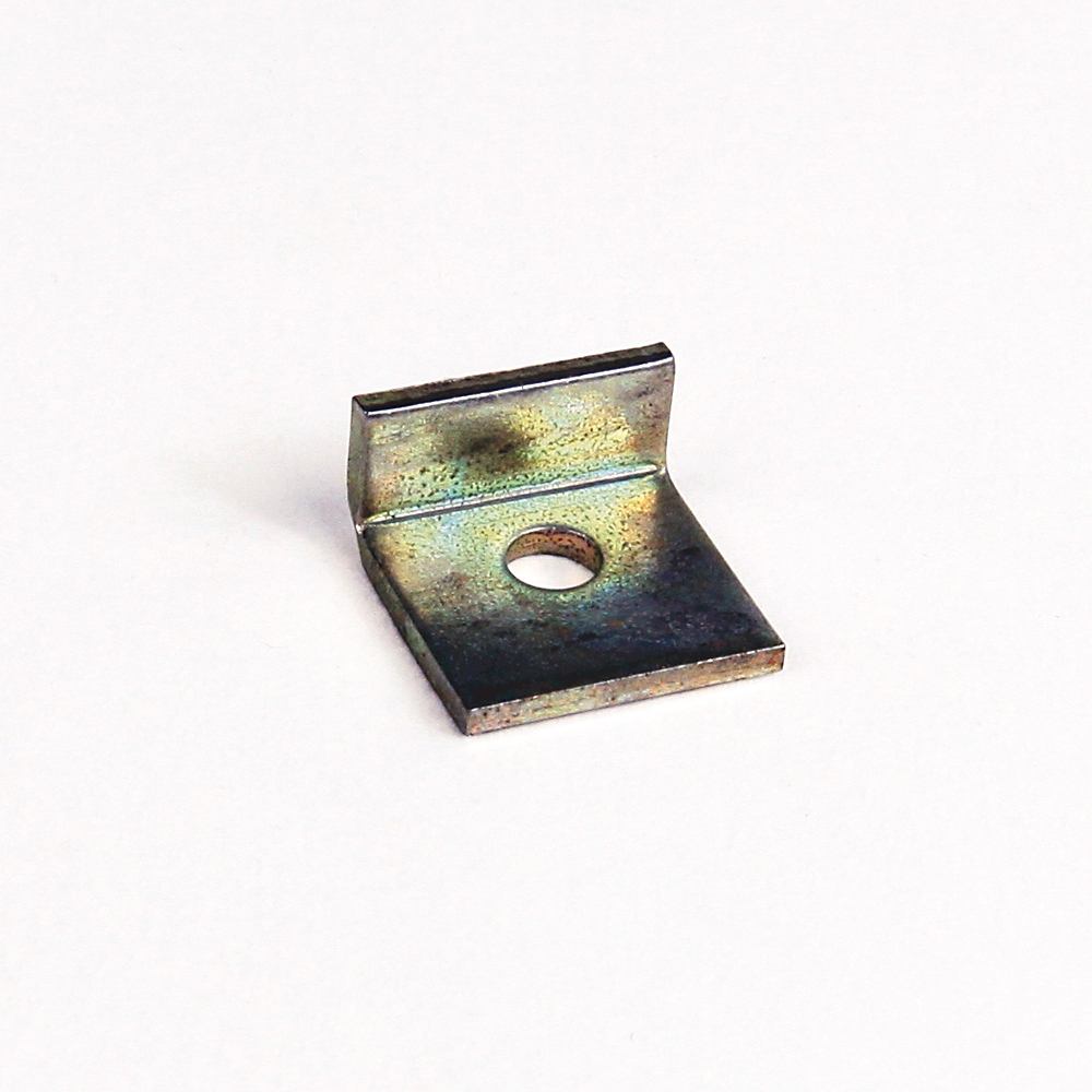 Metal L-shaped mounting bracket with a central hole, showing rusted rainbow patina on white background.