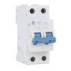 Two-pole miniature circuit breaker with a blue toggle lever in a white housing, terminals at top and bottom labeled + and -