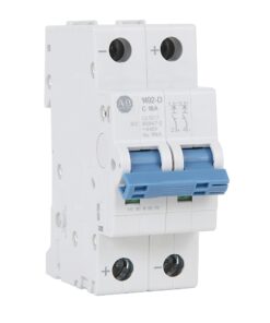 Two-pole miniature circuit breaker with a blue toggle lever in a white housing, terminals at top and bottom labeled + and -