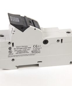 White miniature circuit breaker with a black toggle shown from the side, label visible on body.