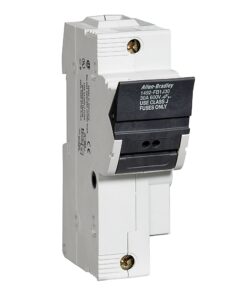 Single-pole white circuit breaker with a black toggle switch and Allen-Bradley label showing 30A 600V and 'FUSES ONLY'.