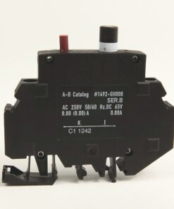 Black industrial switch/relay unit with two top knobs and a labeled panel reading 'A-B Catalog #1492-GH008' on a plain background.