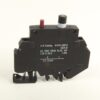 Black electrical relay/module with red and black top knobs and a mounting base; label shows A-B Catalog and electrical ratings (AC 250V, 50/60 Hz).