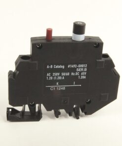 Black electrical relay/module with red and black top knobs and a mounting base; label shows A-B Catalog and electrical ratings (AC 250V, 50/60 Hz).