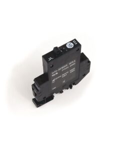 Black industrial relay module with terminal connectors on the bottom, showing printed specifications on its side.