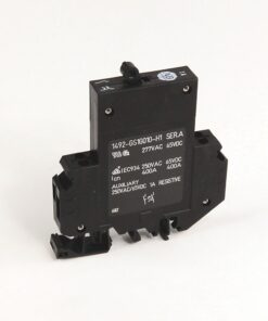 Black industrial relay module with terminal blocks and printed specifications on the front panel used for switching high voltages (277VAC/65VDC).