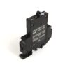 Black compact electrical relay with a top actuation lever and bottom pin connectors, front face showing rating text and logos for control circuits.