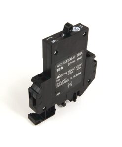 Black compact electrical relay with a top actuation lever and bottom pin connectors, front face showing rating text and logos for control circuits.