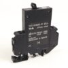Black industrial relay module with multiple screw terminals and a white rating label for control-panel use.