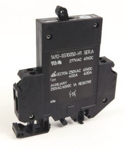 Black industrial relay module with multiple screw terminals and a white rating label for control-panel use.
