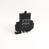 Black industrial relay module with multiple terminals on a white background, showing label text on the front.