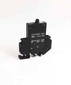 Black industrial relay module with multiple terminals on a white background, showing label text on the front.