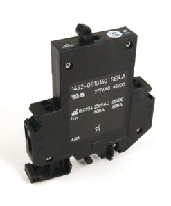 Industrial relay with black plastic housing and screw terminals, labeled 1492-GS160 SER.A, for high-current switching (277VAC/65VDC).
